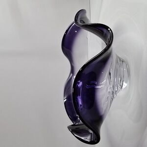 #AEB Clear and dark purple blown glass bowl with ruffled edge
